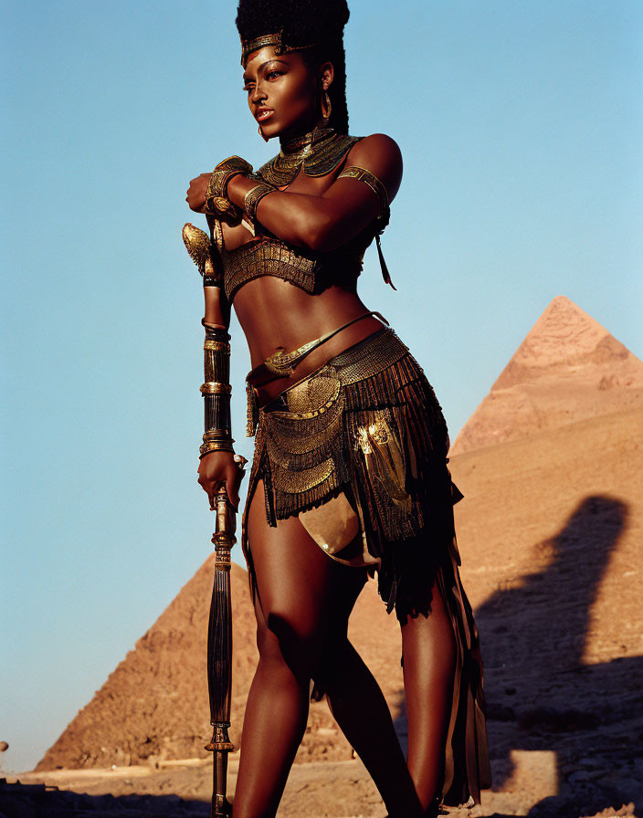 Ancient Egyptian-inspired costume with spear and snake at pyramid backdrop