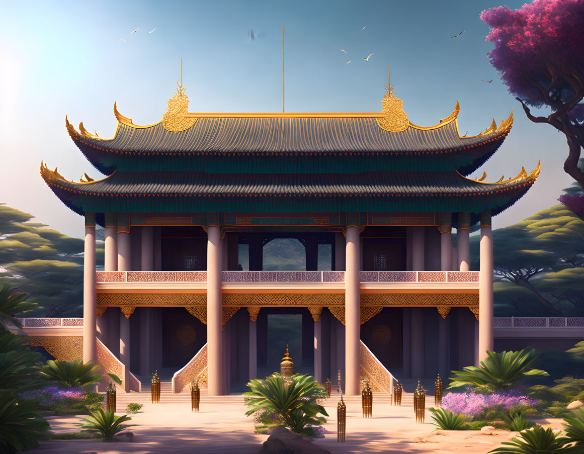 Digital artwork: Ornate Asian-style pavilion in lush gardens with pink flowering trees under serene sky