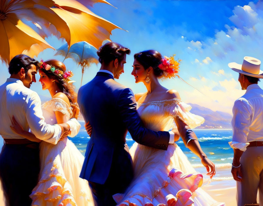 Elegant beach wedding scene with two couples embracing under parasols