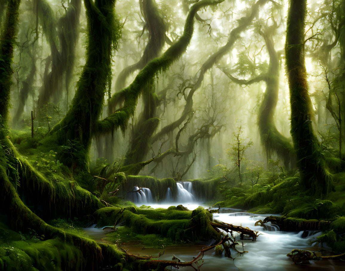 Moss-covered trees in golden-lit forest with waterfall