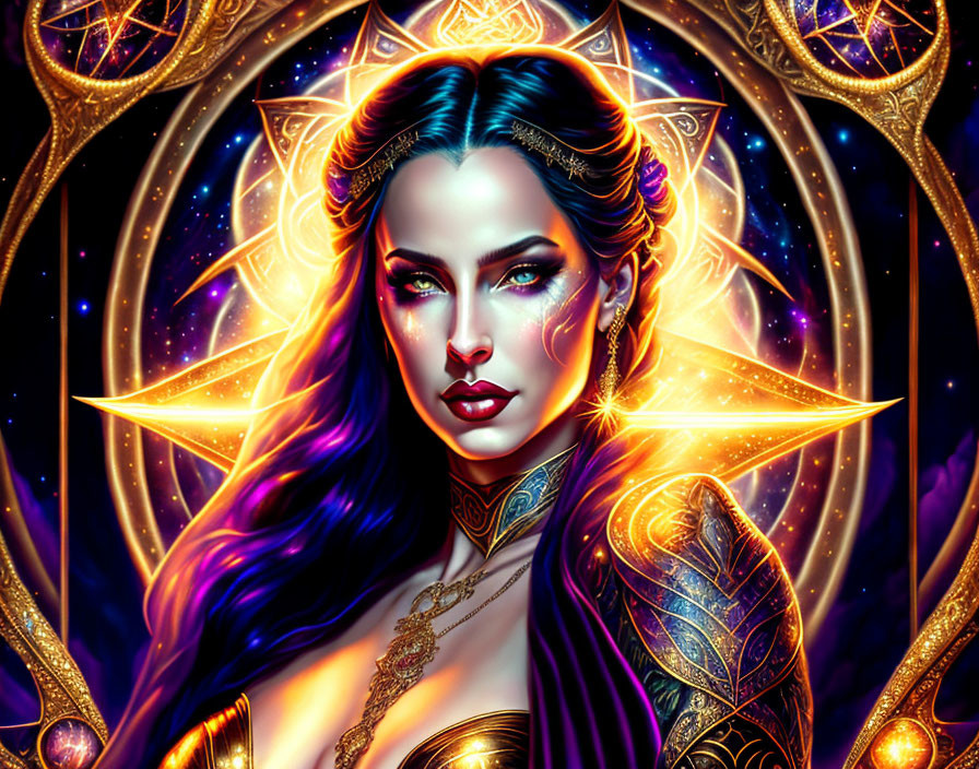 Vibrant digital artwork: Woman with golden jewelry and cosmic symbols against starry backdrop