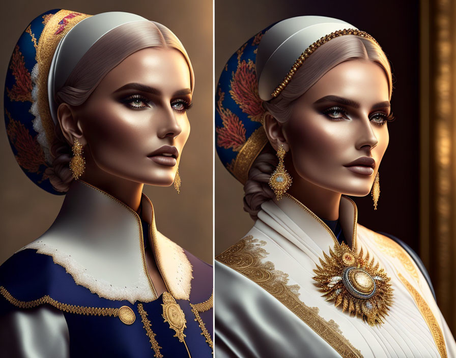 Regal woman illustration with elegant makeup and gold jewelry