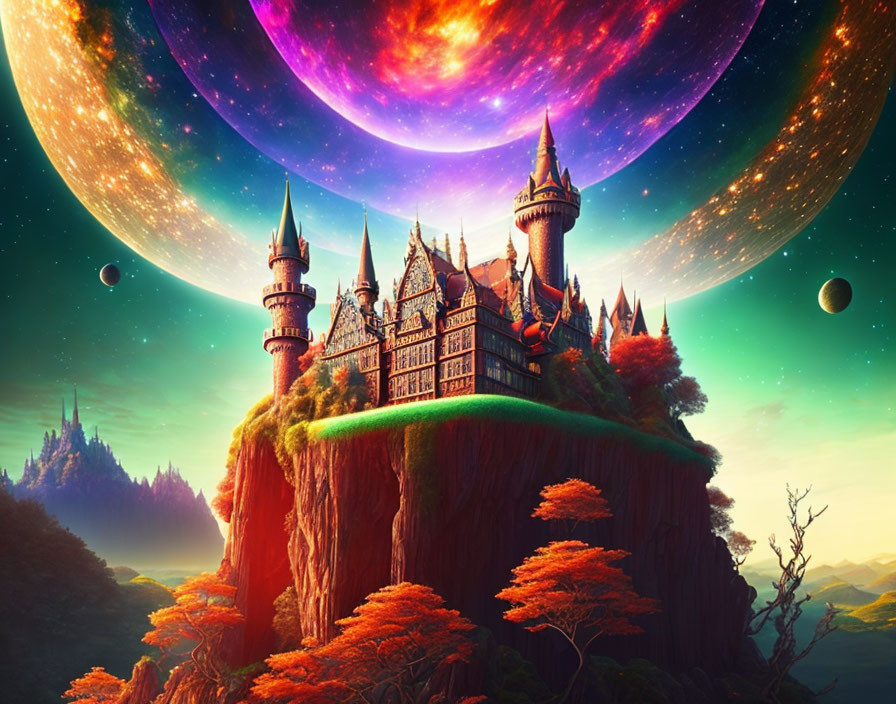 Enchanted castle on floating island under celestial sky