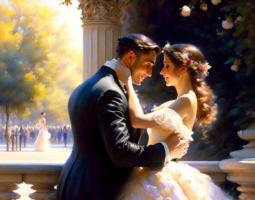 Bride and groom in elegant wedding attire share romantic moment in sunlit park