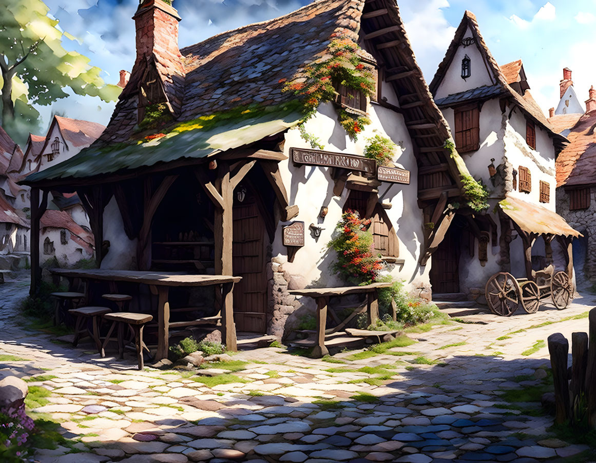 Medieval village with thatched-roof tavern, cobblestone path, and old-fashioned carts.