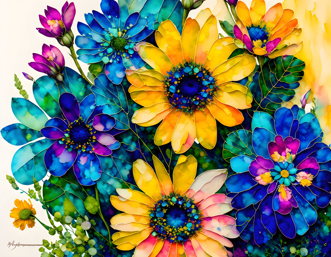 Colorful Stylized Flower Bouquet in Yellows, Blues, Purples, and