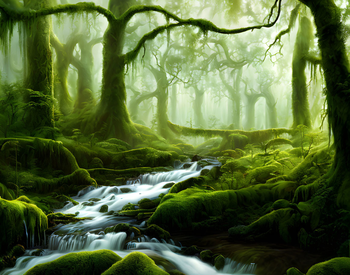 Tranquil green forest with mossy trees and a gentle stream