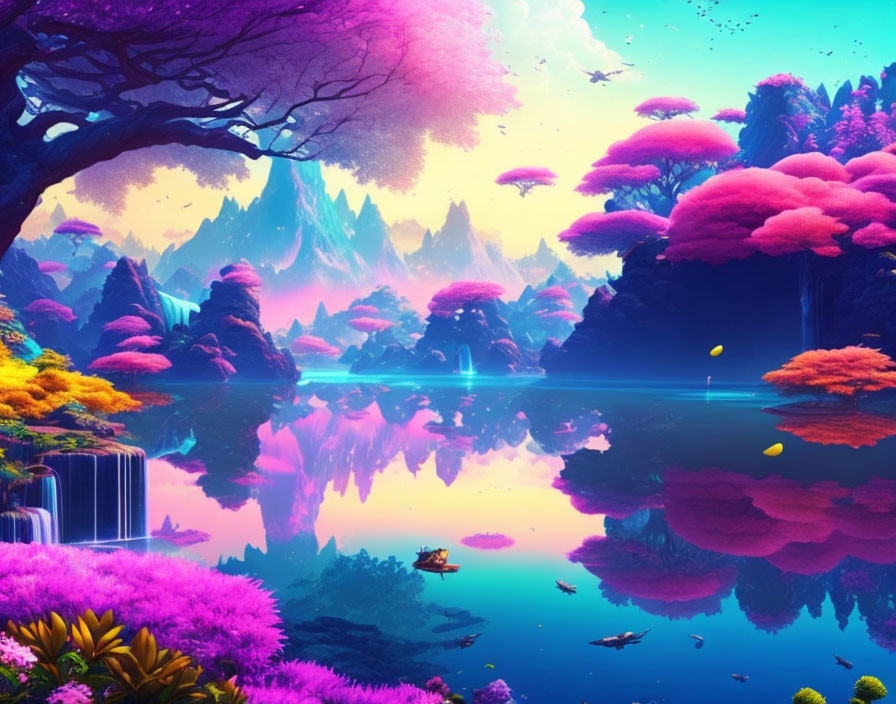 Fantasy landscape with pink foliage, water reflections, mountains, and glowing butterflies