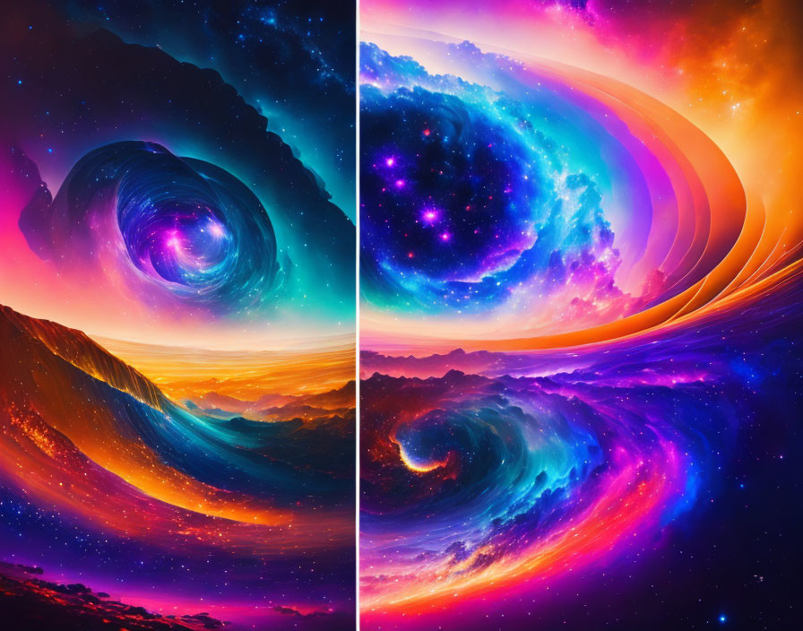 Colorful Digital Artwork: Cosmic Scenes with Galaxies, Nebulae, and Planetary Land