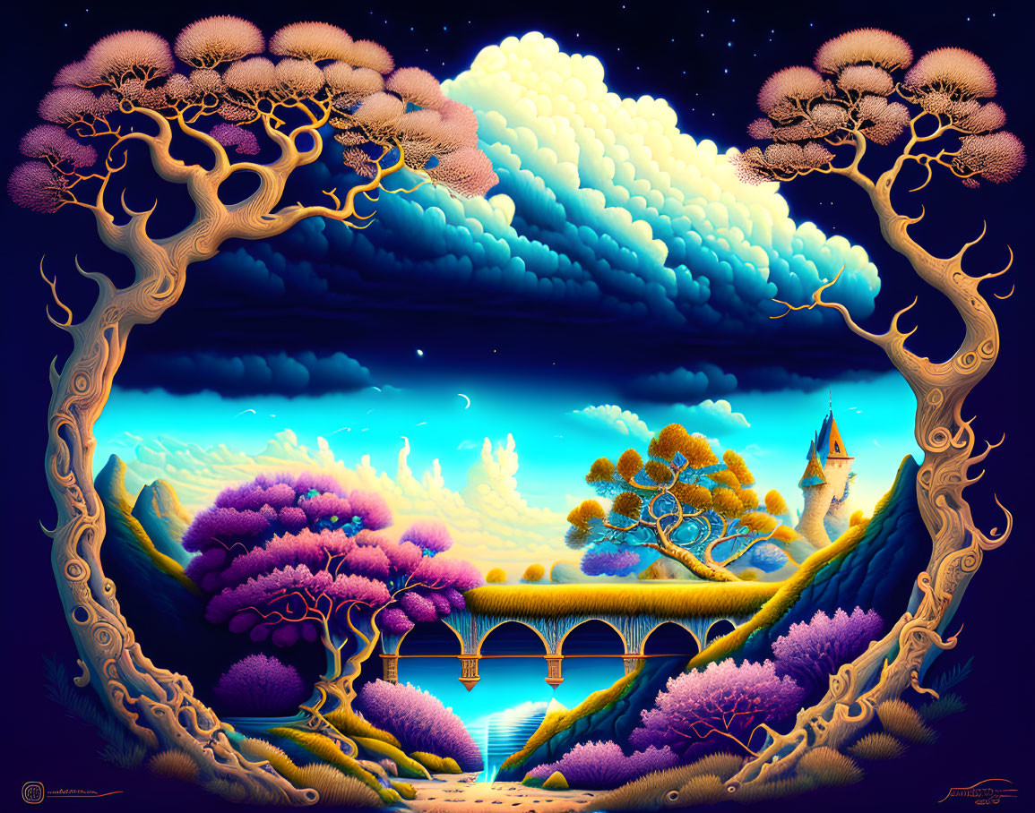 Fantasy landscape art with whimsical trees, bridge, and castle under starry sky