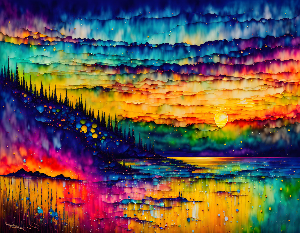 Colorful Watercolor Landscape with Sunset Sky and Silhouetted Trees