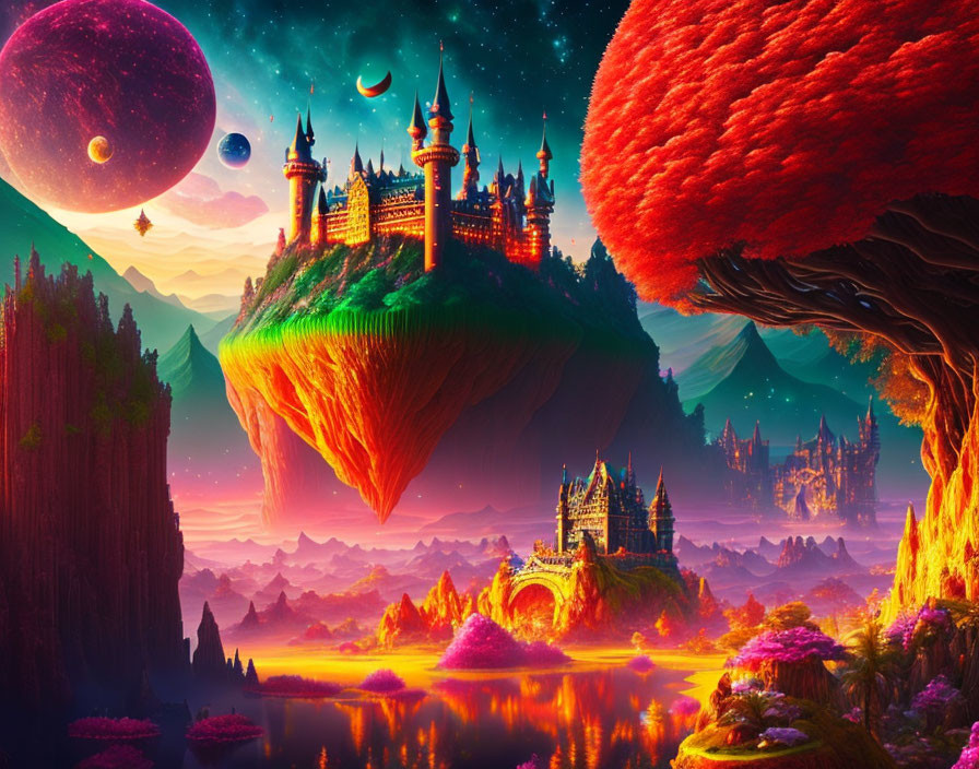 Fantasy landscape with floating islands, castles, and oversized planets