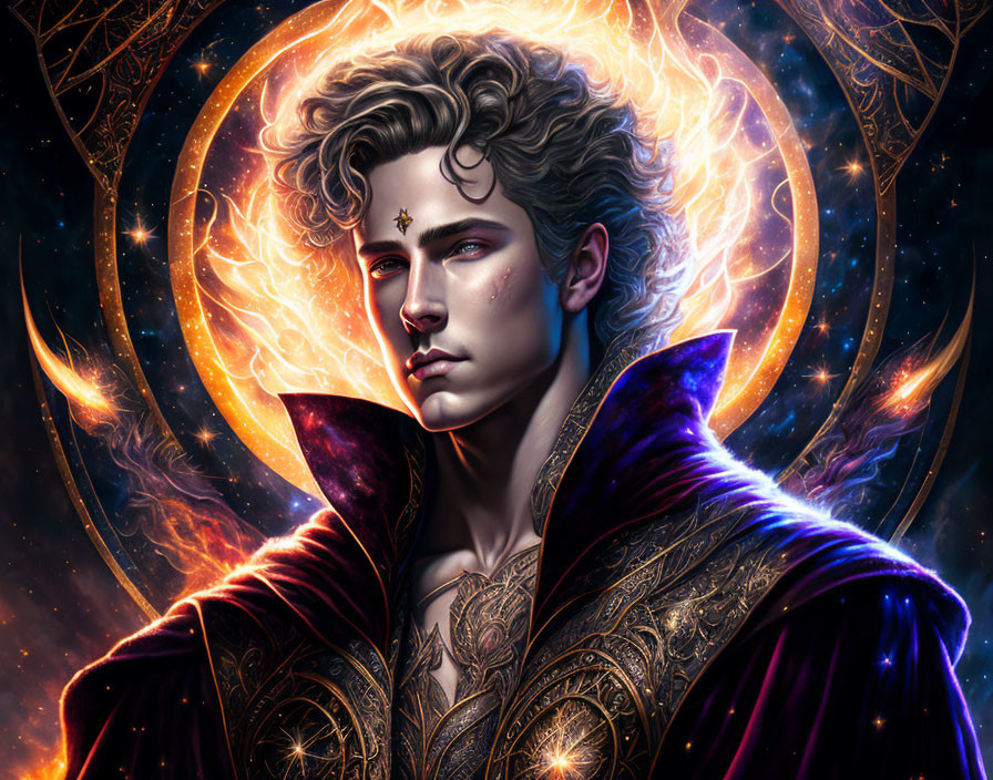 Mystical digital artwork: Man with wavy hair, star on forehead, purple cloak, cosmic