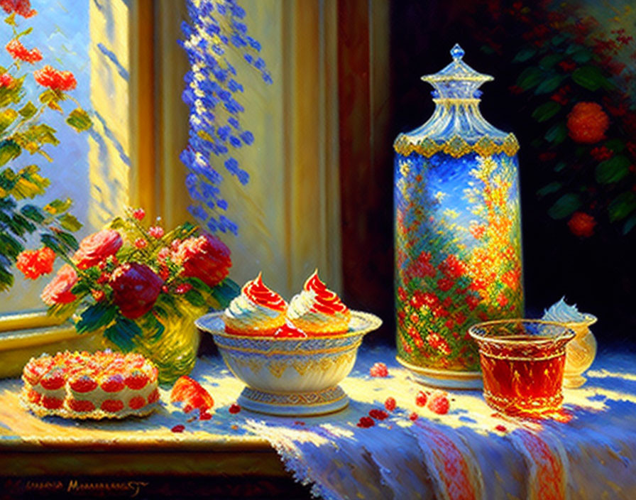 Colorful still-life painting with blue vase, desserts, tea, flowers, and sunlight.