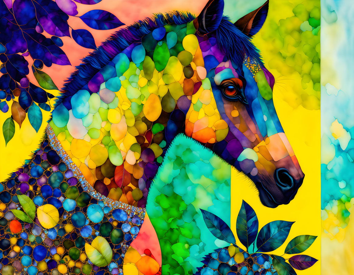 Colorful Horse Digital Art with Mosaic Pattern on Yellow and Blue Background