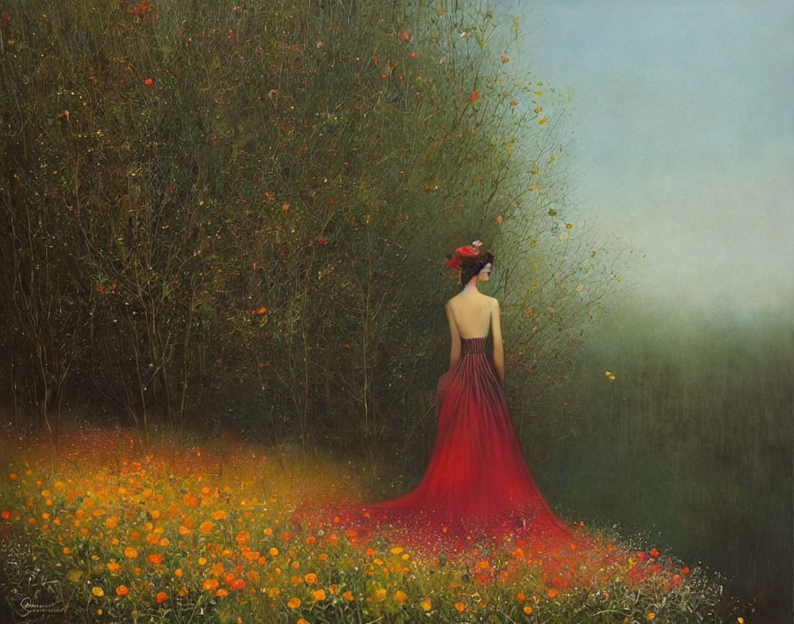 Woman in Red Dress Blending with Orange Flowers in Misty Forest