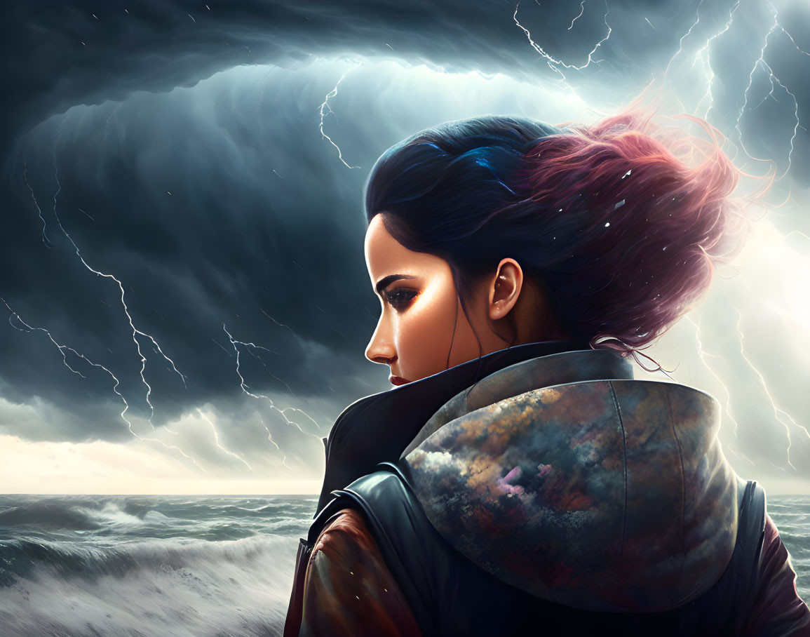 Colorful-haired woman gazes at stormy seascape under dark, lightning-lit sky