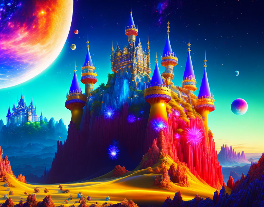 Colorful Castle on Cliff under Moonlit Sky