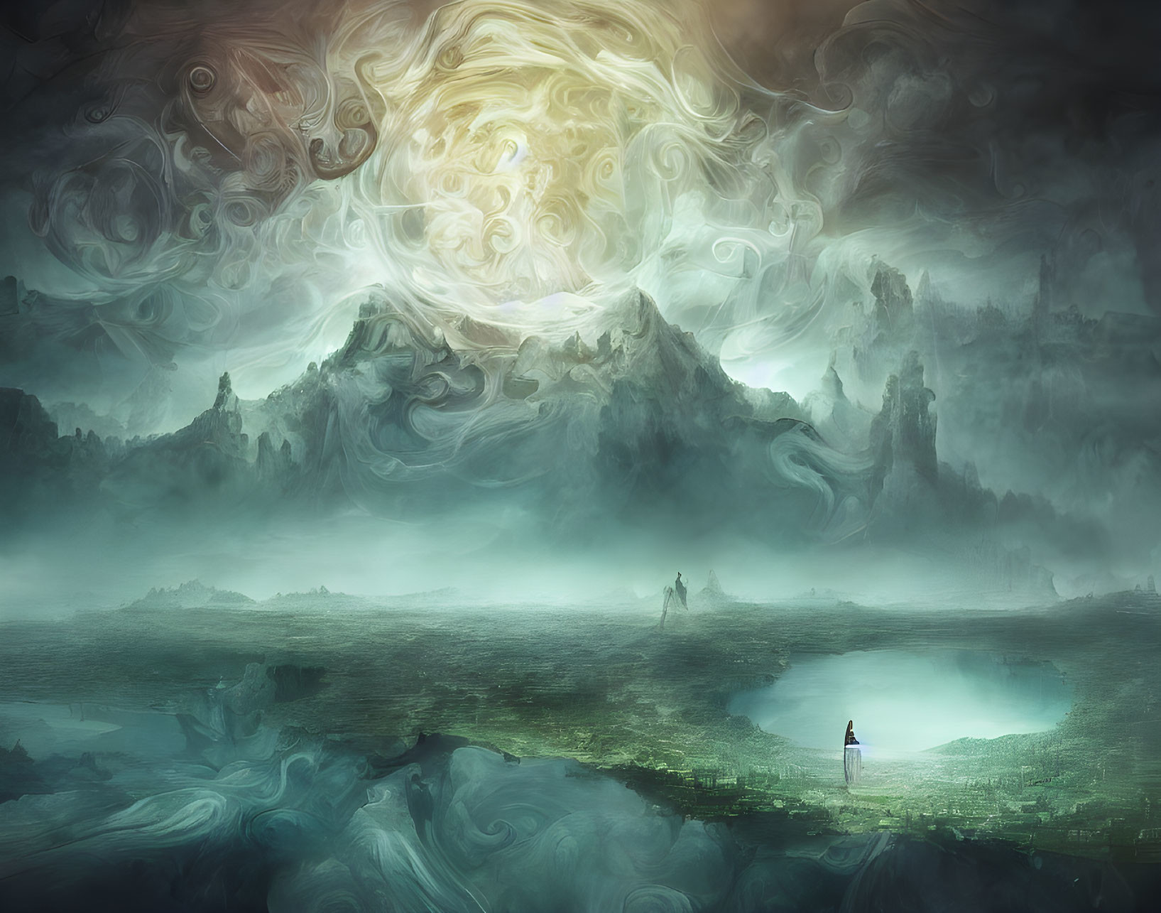 Mystical landscape with swirling clouds and radiant vortex in the sky