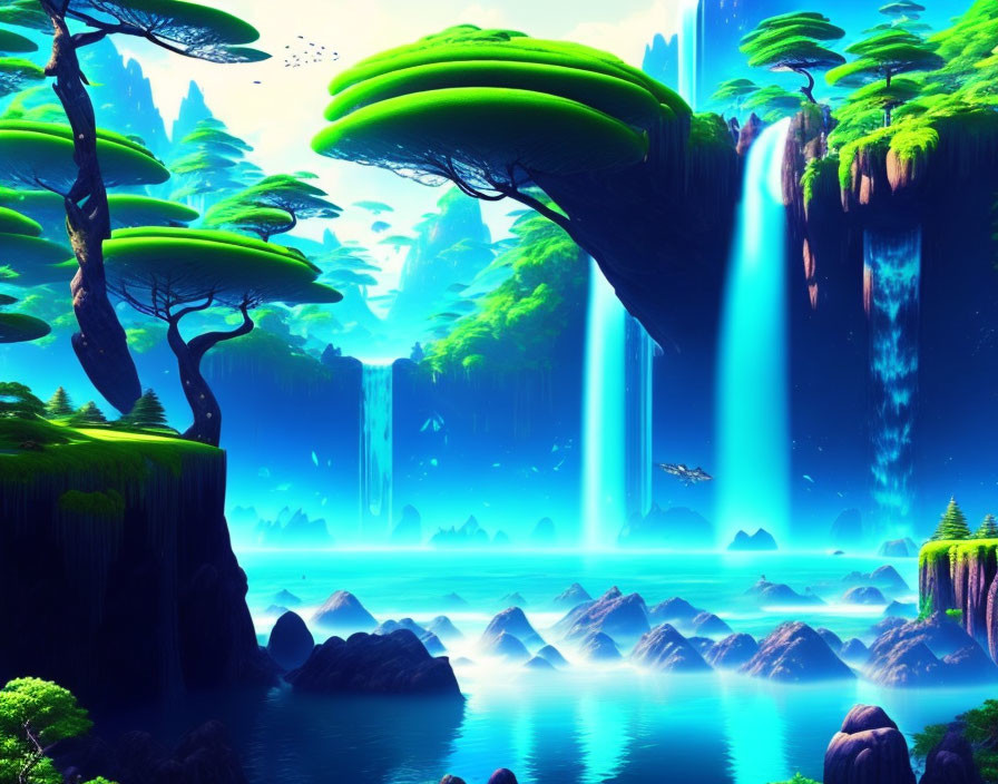 Mystical landscape with towering waterfalls and lush greenery