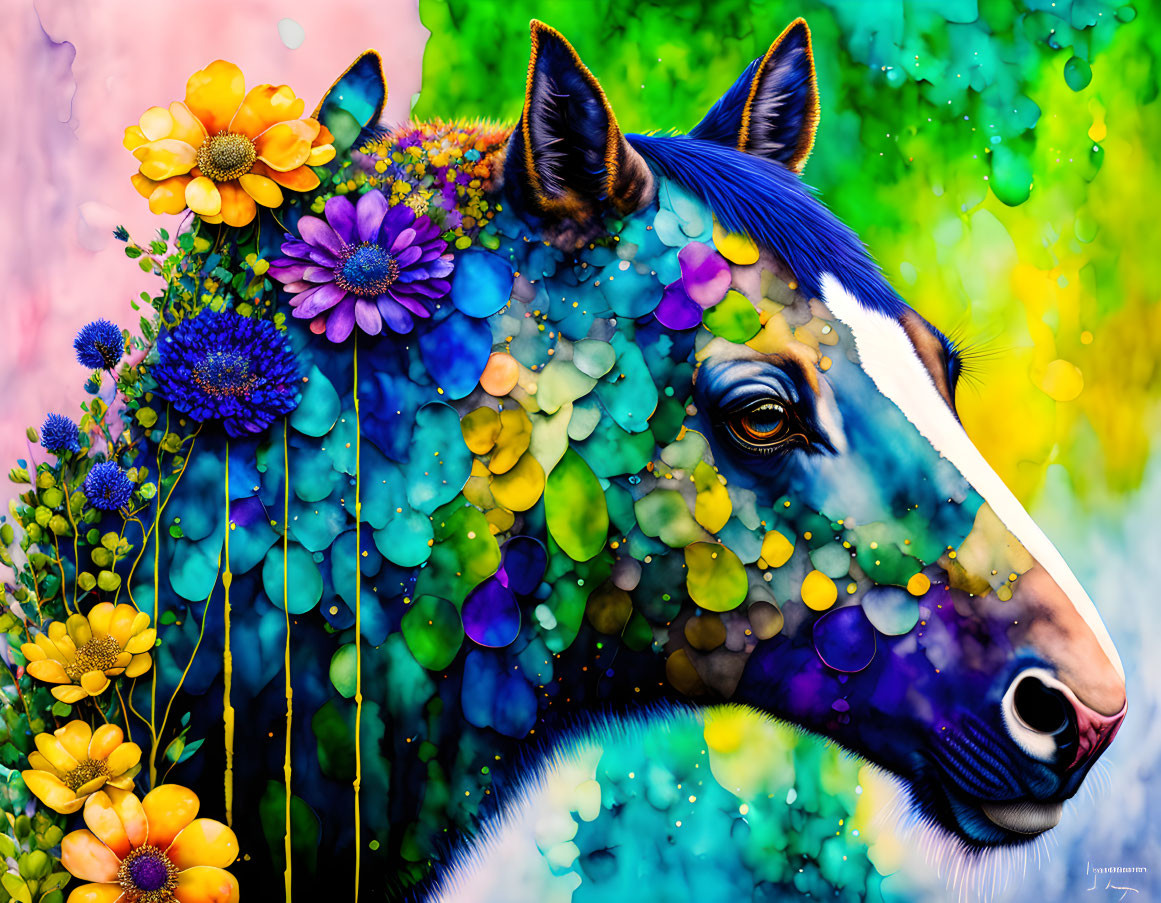 Colorful portrait: Horse with flower and leaf mane on vibrant background