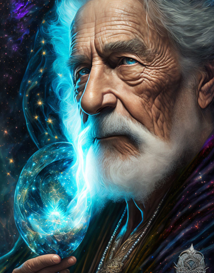 Elderly wizard with white beard gazes at magical orb with cosmic energy.