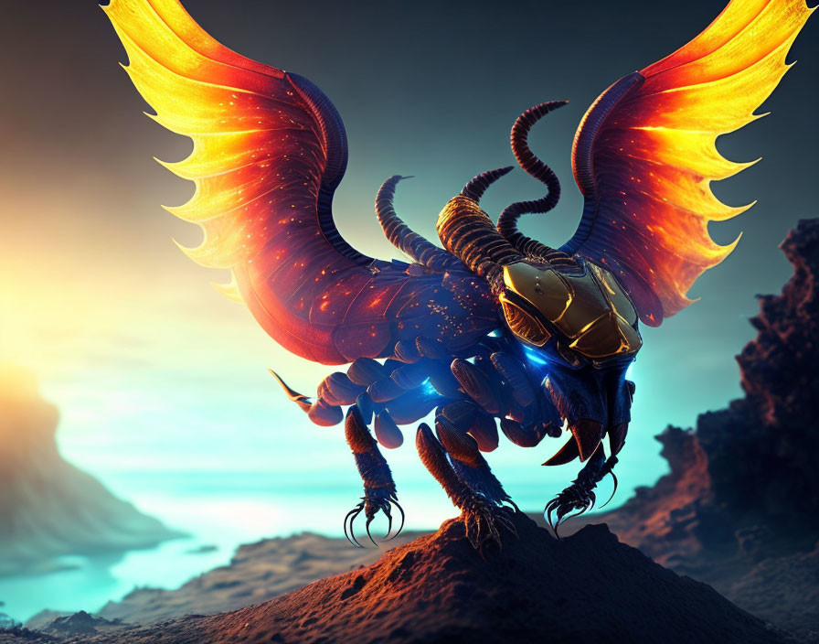 Vibrant fantasy creature with fiery wings on hill at sunset