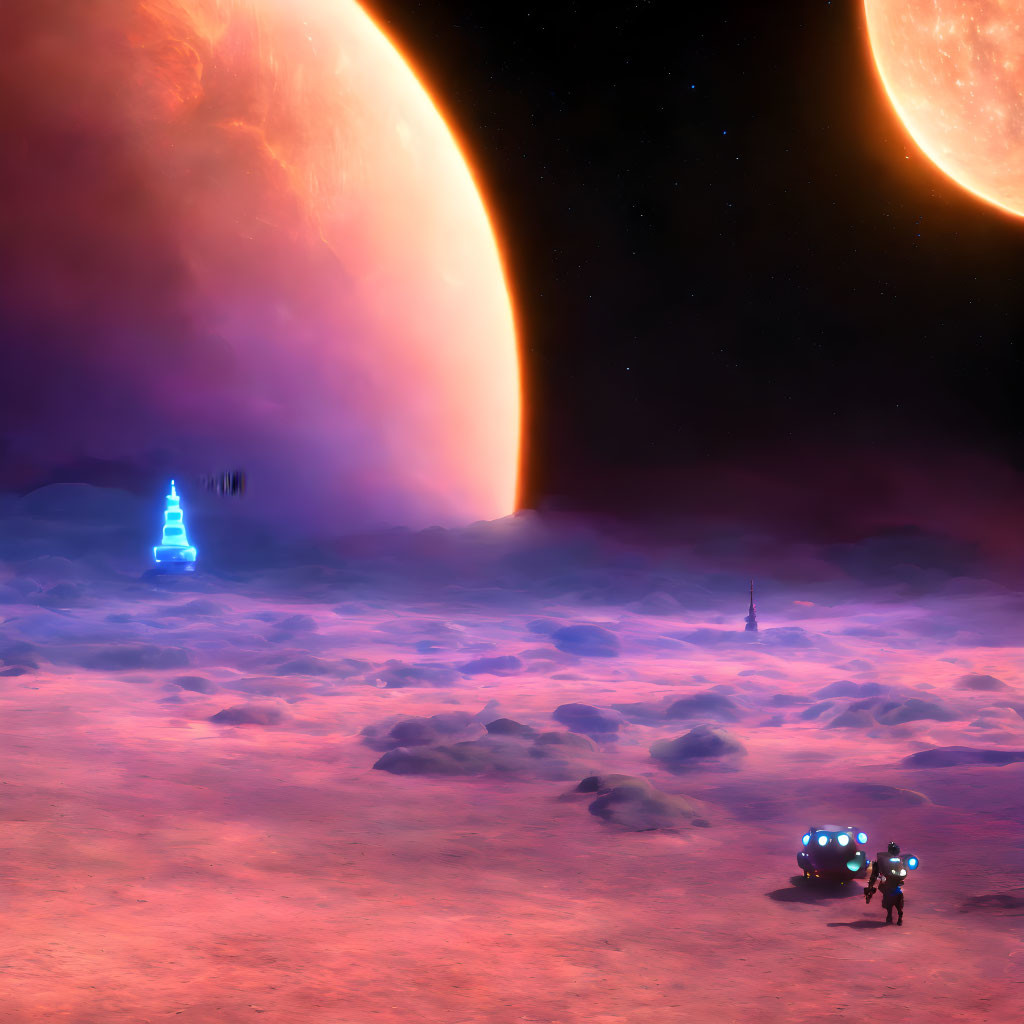 Alien planet sci-fi landscape with rover, blue tower, and celestial bodies