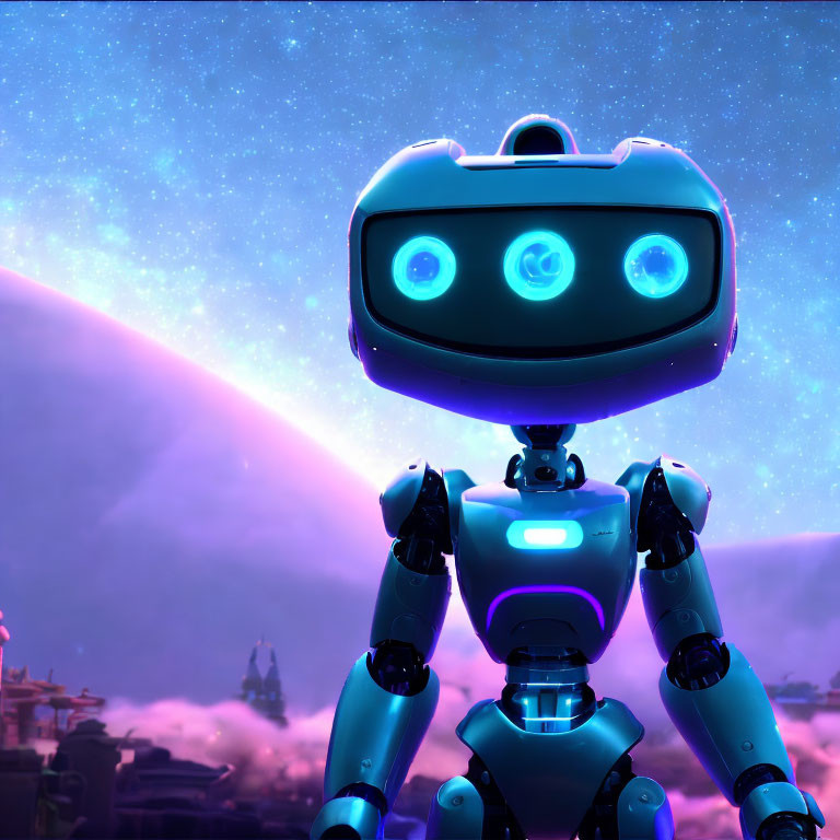 Friendly Robot with Glowing Blue Eyes in Futuristic Cityscape