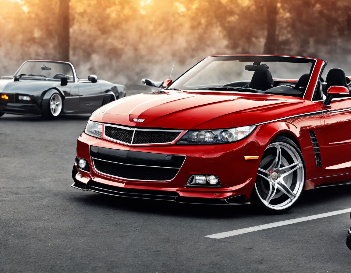 Red Convertible and Black Sports Car on Asphalt Road with Smoke