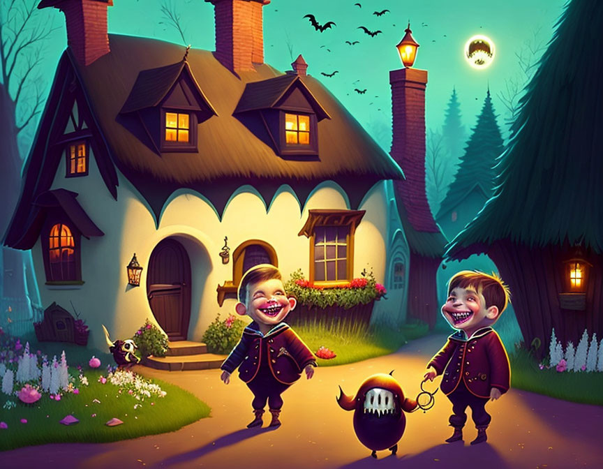 Joyful vampire children with spooky pet under crescent moon at quaint house