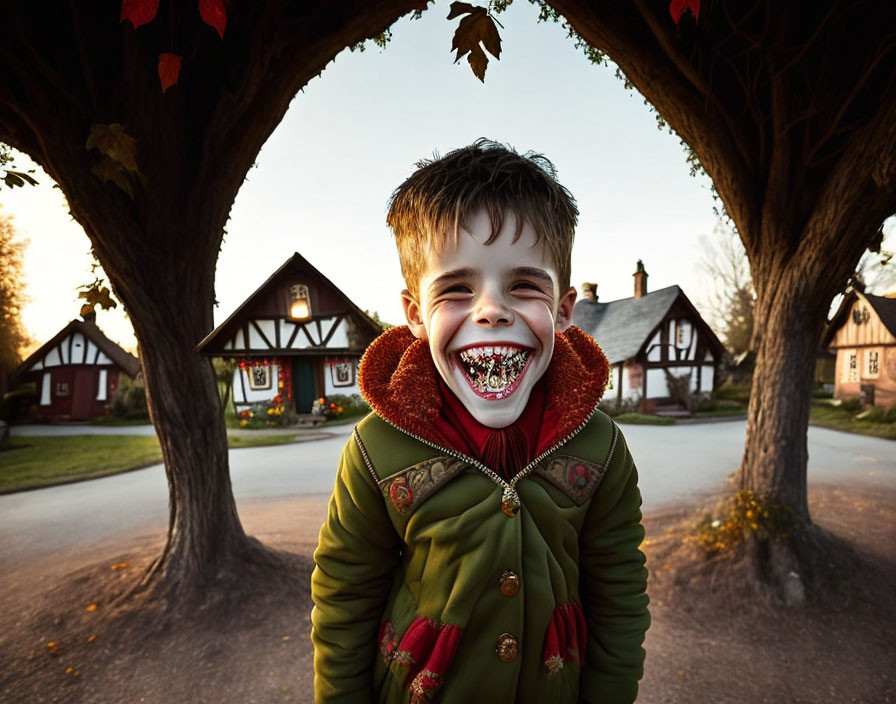 Smiling boy with unique features in sunset landscape