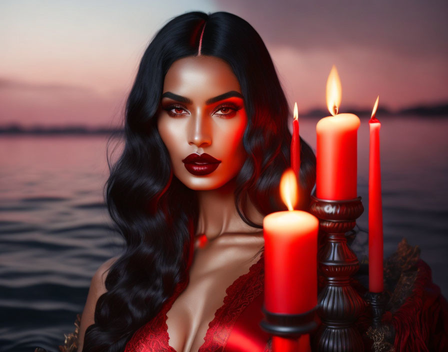 Striking Makeup Woman Poses Near Red Candles at Dusk