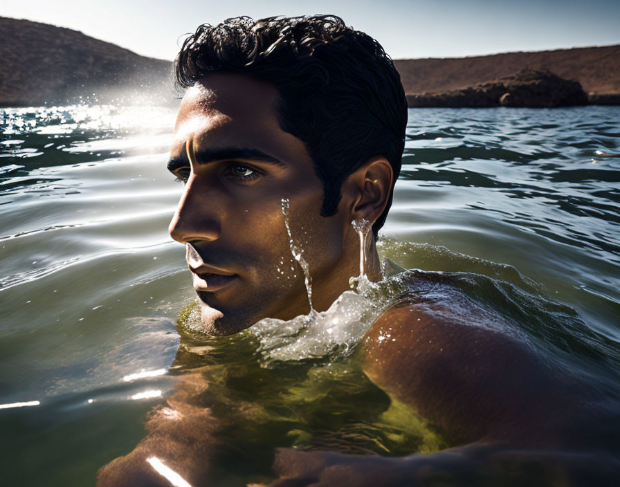 Dark-haired man emerges from clear water under sunlight.