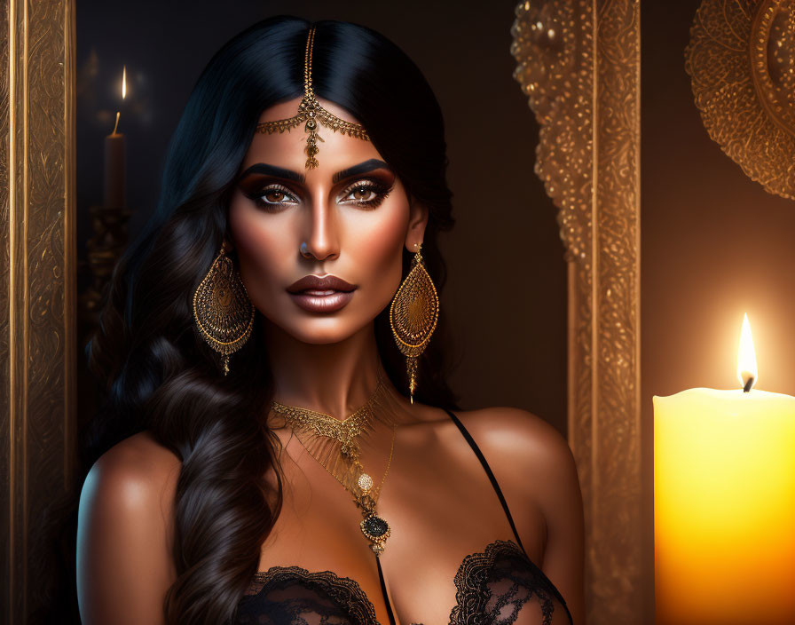 Elegant woman with dramatic makeup and luxurious jewelry in candlelit setting