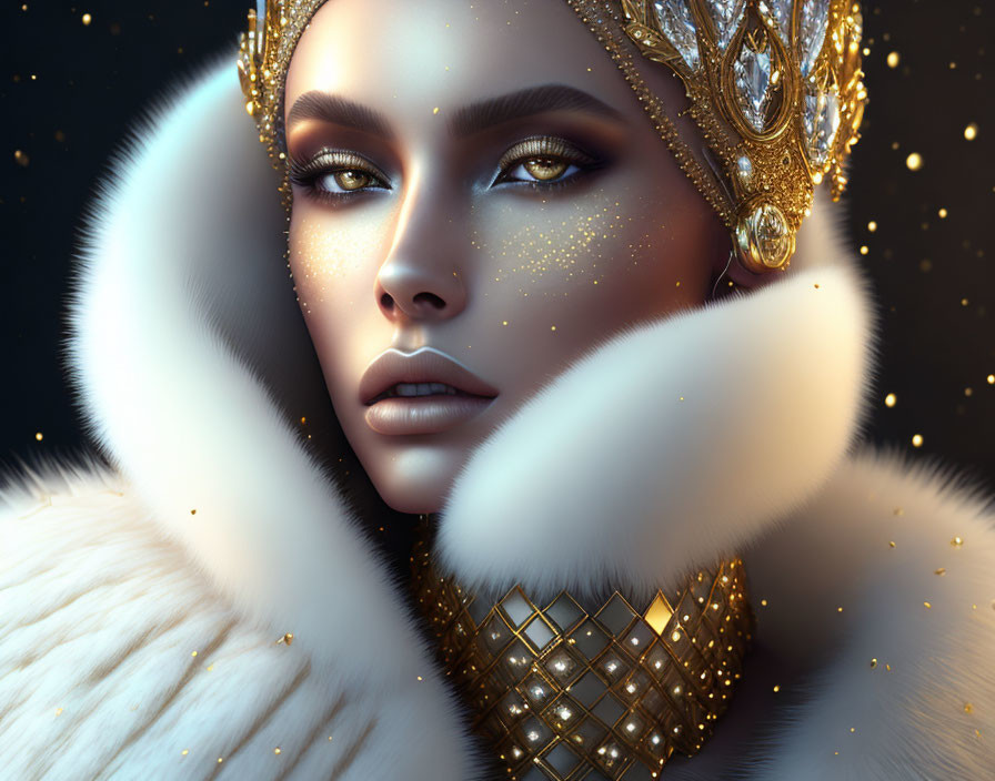 Digital artwork featuring woman with striking makeup, gold crown, jewelry, and white fur collar