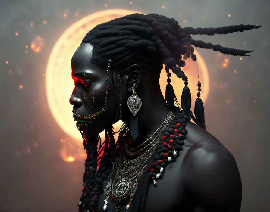 Person with black body paint and jewelry against moon backdrop