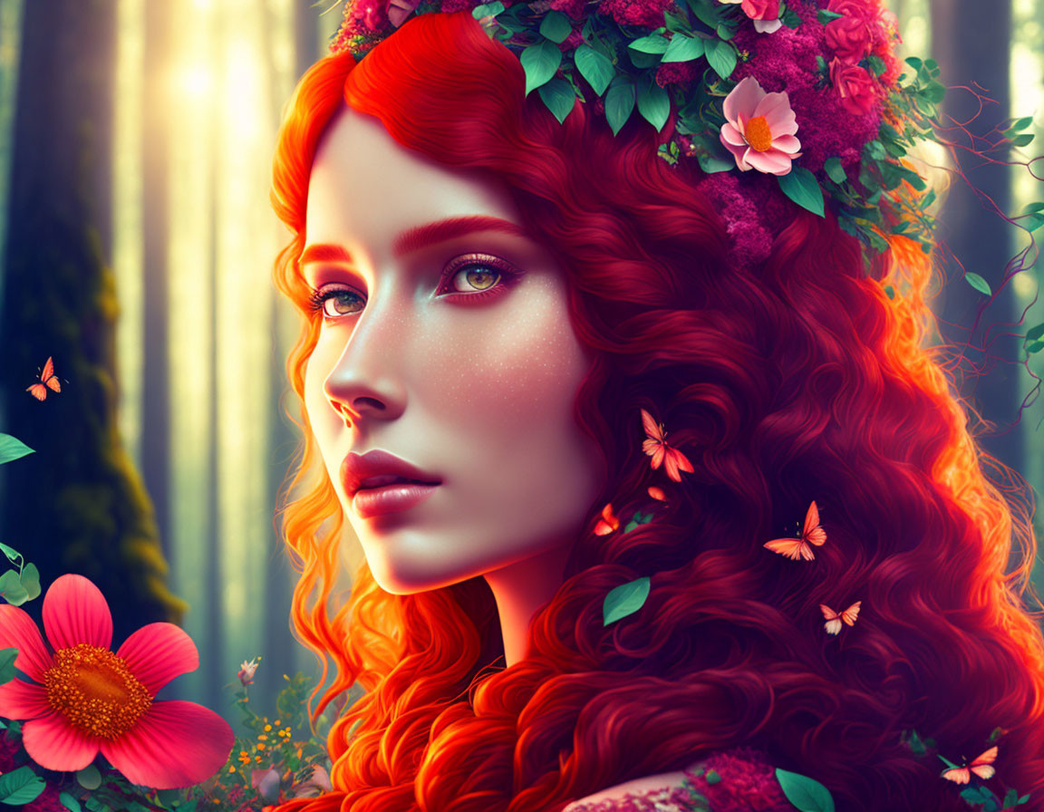 Colorful digital artwork: Woman with red hair, pink flowers, butterflies, and floral backdrop.