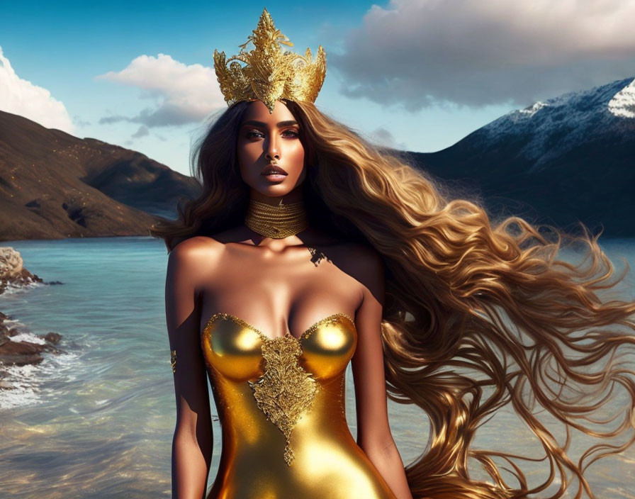 Digital art: Woman with golden crown in mountain backdrop