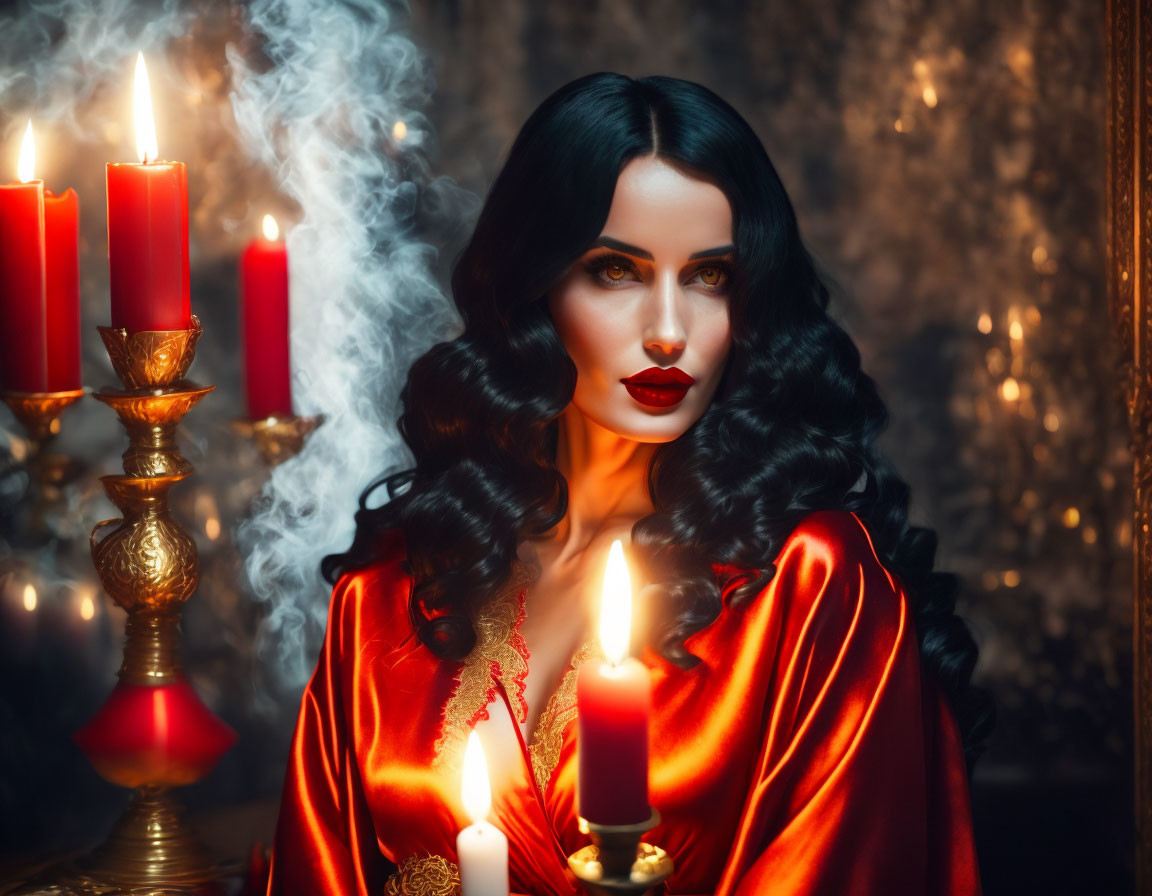 Dark-haired woman in red dress surrounded by candles and smoke in ornate setting