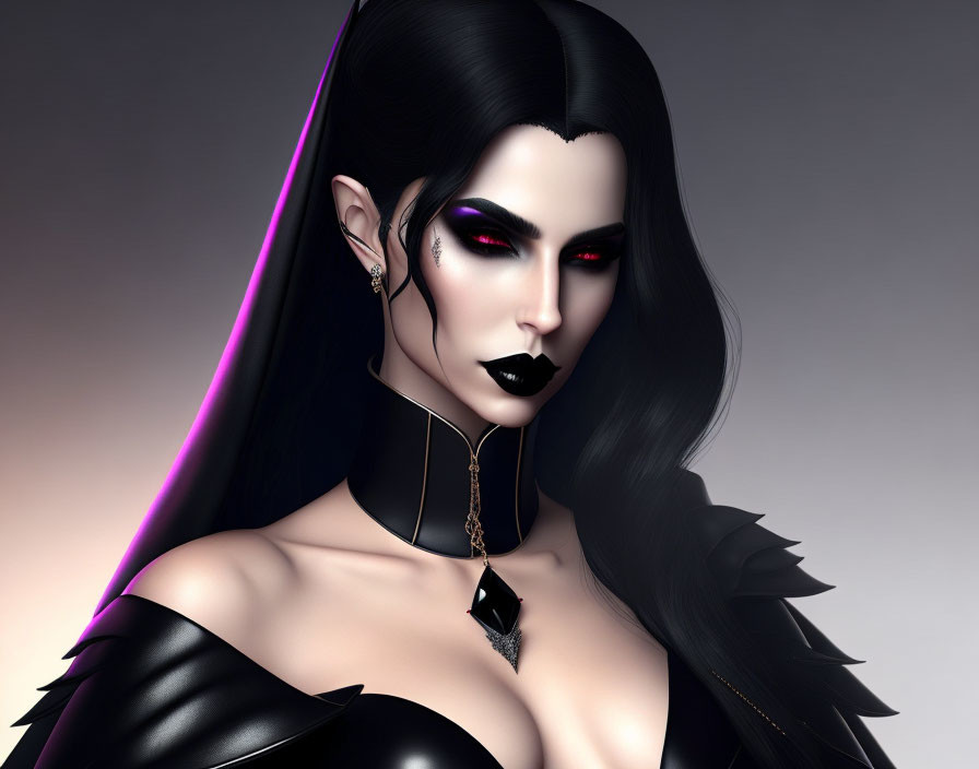 Digital artwork: Woman with elven ears, black makeup, choker, gem pendant on gradient background