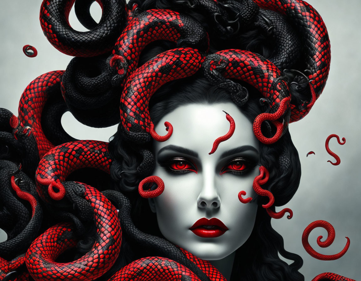 Surreal portrait of woman with twisting red and black snake head