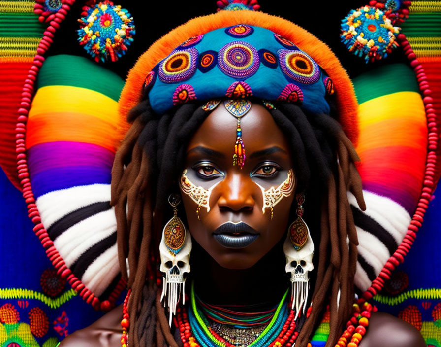 Woman in Vibrant Traditional Attire and Face Paint Displaying Cultural Heritage