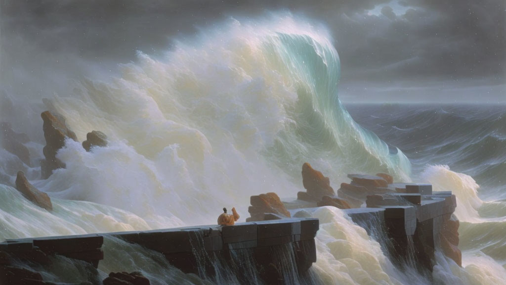 Dramatic stormy backdrop with towering wave and people on concrete pier