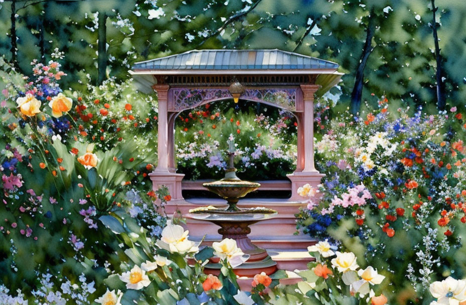 Ornate wooden gazebo in vibrant garden setting