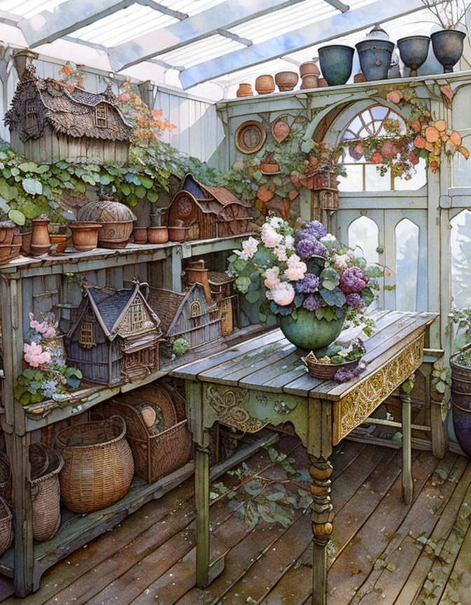 Greenhouse Interior with Fairy-Tale Houses and Lush Plants