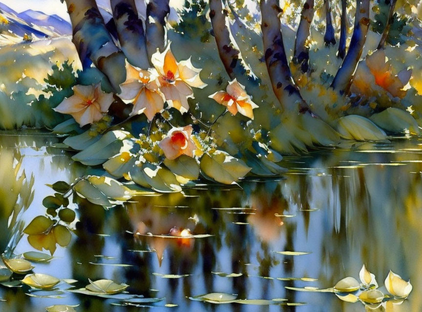 Serene pond with lilies and sunlight reflections