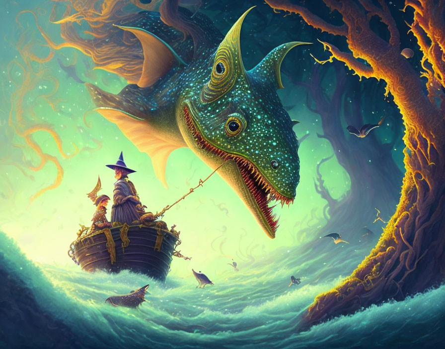 Wizard fishing for giant fantastical fish under swirling sky