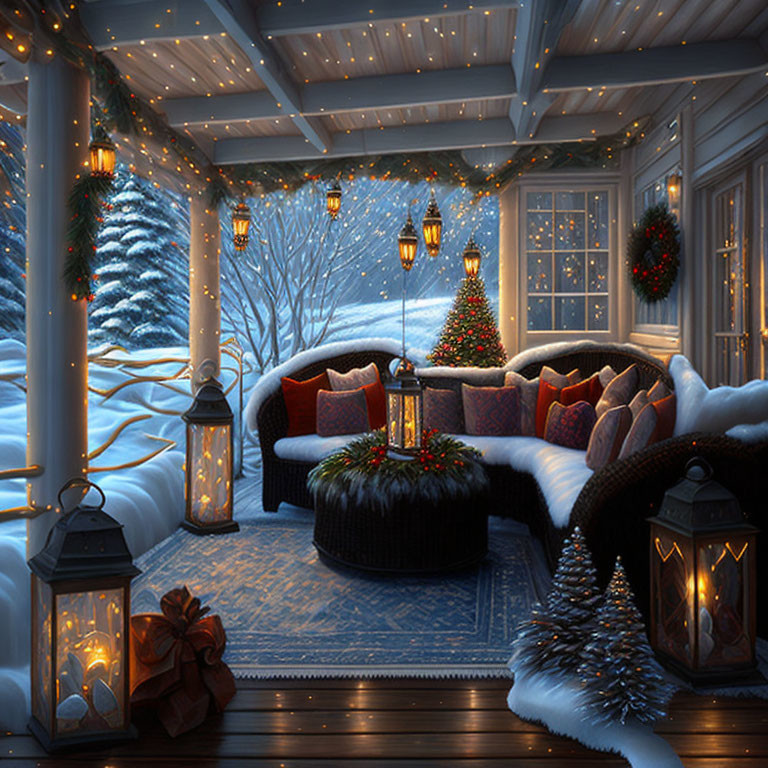 Christmas-themed winter porch with sofa, cushions, lanterns, tree, and gift, snowy view.