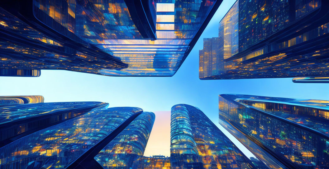 Futuristic skyscrapers with reflective glass facades at twilight